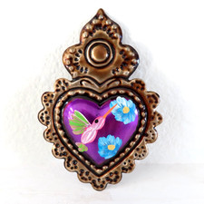 Mexican Sacred Heart Purple Pink Hummingbird Ornament Hanging Magnet Folk Art picture