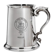 Kelly Family Crest Polished Pewter 1 Pint Tankard with Scroll handle picture