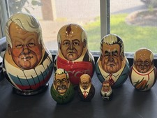 Vintage Russian Nesting Dolls 7pc Soviet Leaders Caricature Yeltsin USSR Wood picture
