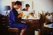 c1960's Kodachrome 35mm Slide Man Eating Breakfast in Robe Vanity Mirror Room picture