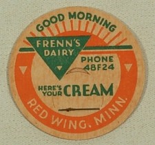 FRENN'S DAIRY RED WING MINNESOTA LOT OF 4 MILK BOTTLE CAP HERE'S YOUR CREAM picture