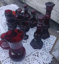 Vtg 10 pc AVON Cape Cod Ruby Red Glassware & Vintage nlown glass picture