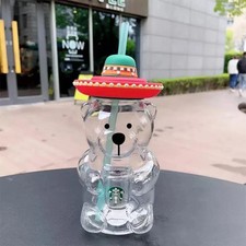 New Starbucks 2020 China Latin America Hat Bear 17oz Glass Cold Cup Tumbler picture