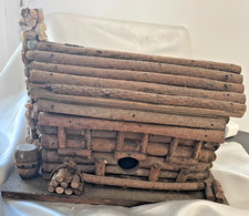 Vintage Folk Art HANDMADE BIRD HOUSE Log Cabin with STONE FIREPLACE Top Opens picture