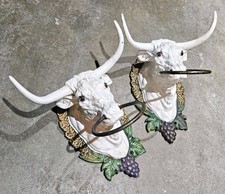 🐮Pair Of Bull Head Cast Iron Wall Hook Towel Holder Vintage Rustic Decor🐮 picture