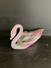 Art Glass, Pink Swirled, Swan Figure/Trinket Dish 5.5