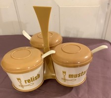 Vintage Condiment Set Harvest Gold White Caddy w/Lids and Spoons Exc picture