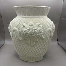 Vintage Ivory Ceramic Vase Embossed Floral Rose Basketweave Pattern Home Decor picture