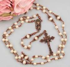 Catholic Rosary Handmade Unbreakable, White Crystal Pearls, Copper Crucifix picture