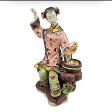 Vintage Shiwan Wucai Porcelain chinese lady fishing signed picture