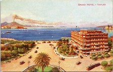 Vintage Grand Hotel Naples Italy Postcard Vesuvius Bay Early Cars Tram picture