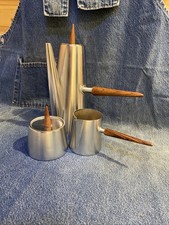 Vintage MCM Mid Century Danish Modern Stainless @ Teak Coffee Set  Signed picture