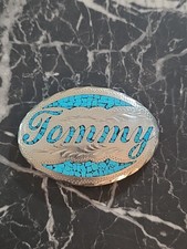 Vintage Silver Toned And Turquoise Belt Buckle. Hand Etched And Inlayed 