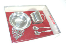 Vintage Boardman Colonial Pewter Baby Set Porringer Cup Spoon Fork #390 Box picture