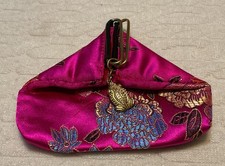 Vintage Drawstring Silk Brocade Coin Purse Pink Satin Floral Embroidery China. picture