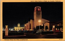 Vintage LA Union Station Night Postcard - Colortone Linen, Los Angeles, CA picture