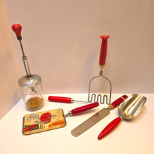 VTG Red Wood, Bakelite & Metal Handle Kitchen Utensils Lot of 6 Farmhouse Décor picture