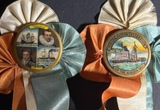 Set of 2 Hudson-Fulton Celebration Celluloid Pins-Ribbons 1909 History picture