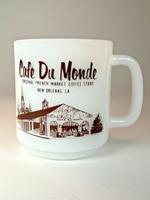 Vintage Café Du Monde Milk Glass Mug 8 oz Glasbake New Orleans Souvenir 1980s picture