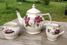 JAMES SADLER Dark Red and Whie Roses Teapot Creamer Sugar Dish Made In England picture