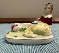 VTG Occupied Japan Porcelain Figura Cardholder Woman Blue Bonnet Yellow Dress picture