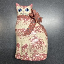 Vintage Ceramic Cat Figurine 10in Pink White Spongeware Blue Eyes Signed picture