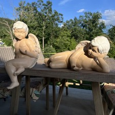 Vintage Laying Down Angel Cherub Ceramic Gorgeous Very Rare Set of 2 picture