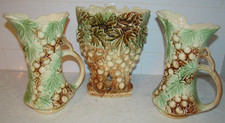Lot 3 Vintage McCoy Pottery Grapes & Leaves 9” Pitchers Ewers w Handles Vase picture