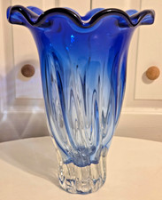 Vintage Shannon Crystal Vase 14” Tall Handmade Cobalt Blue Ruffled Rim picture