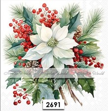 (2691) TWO Paper LUNCHEON Decoupage Art Craft Napkins - WHT CHRISTMAS POINSETTIA picture
