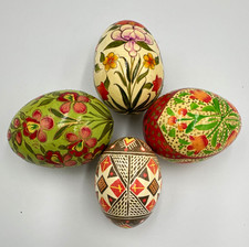 Vintage Hand Painted Easter Egg Lot - 4 Pcs Pysanka & Wooden Russian Folk Art picture