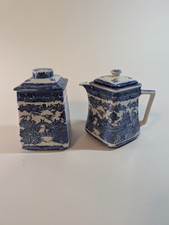 BLUE WILLOW RINGTONS LIMITED TEA MERCHANTS VINTAGE BISCUIT JAR & 6cup TEAPOT SET picture