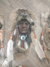 3 Vintage Native American Head Plaque Wall Decor - Fur And Feather + Flask picture