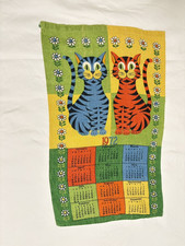 1972 Linen Calendar Tea Towel Smiling Cats Orange Green Blue Yellow Cute  EUC picture