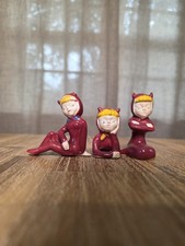 Vtg 1950s Japan Ceramic Devil Pixie Elf Figurine Trio Red MCM Kitsch Set of 3 picture