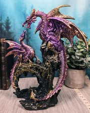 Metallic Purple Mother Dragon With Baby Family Statue 10.5