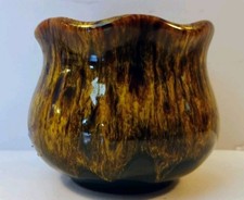 Vintage Ceramic Small Planter Scalloped Rim Drip Glaze Brown Yellow Flower Pot picture