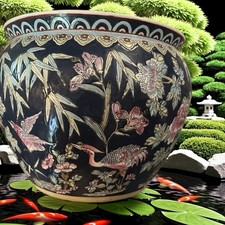 Vintage Chinese Fish Bowl Planter Pot 12” H  X 14 Across Top Excellent￼￼￼￼￼￼￼￼ picture