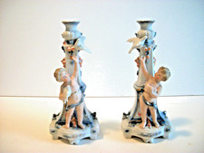 Pair White Porcelain Candle Holders Cherub Figures Blue Gold Trim picture