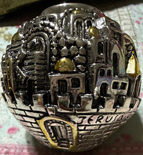 Pair 925 Sterling Silver Jerusalem Cityscape Round Etched Tealight Holders picture