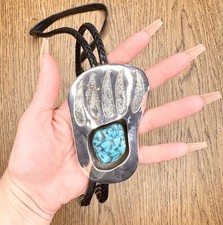 Vintage D.L. Garcia Sterling Silver Turquoise Bear Paw Bolo Tie Navajo Handmade picture