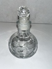 Vintage Crystal Perfume Bottle Clear Hand Cut Etched Glass W/ Topper 5.75” Tall picture