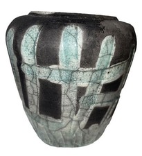 Vintage Raku Pottery Vase Signed Green Black fun picture
