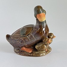 Mama Duck & Baby Ducklings Figurine Green Brown Glaze Avian Waterfowl 5” picture