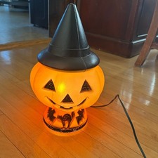 Vtg 70s Halloween Bayshore Pumpkin Jack-O-Lantern w/ Witch Hat Bat Cat Blow Mold picture
