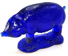 Vintage Style Art Glass Pig Figurine Cobalt Blue Animal Wilkerson Vogelson Mould picture
