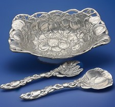 Arthur Court apple tray Salad Server with Spoon Fork Vtg 1992 Aluminum 14” picture