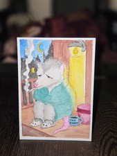 aceo art cards original watercolor - melancholy animals 2 of 4 - Tired Opossum picture