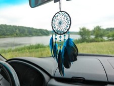Stylish Car Rearview Mirror Charm: Small Black Blue Dream Catcher picture