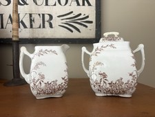 ATQ Cliff ' Montreal ' Brown Transferware Ironstone Sugar Bowl & Cream Pitcher picture